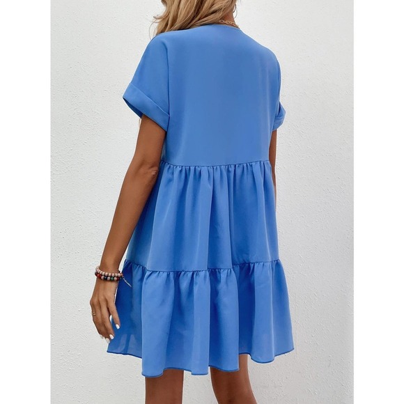 Roll Cuff short sleeve Ruffle Hem mini Dress black - Picture 5 of 11